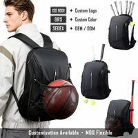 Sac à dos de sport multi-usages avec compartiment pour raquettes, compartiment pour chaussures, porte-balles, porte-batte de baseball, bande réfléchissante, sangles respirantes