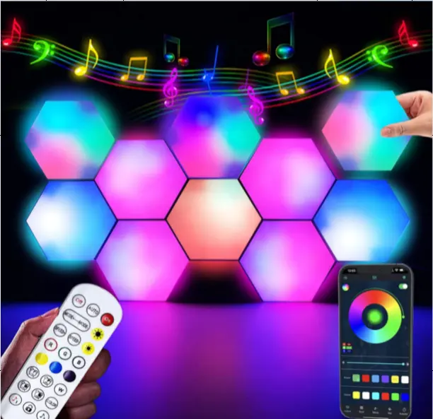 LED פנל-חכם APP RGB משושה מודולרי משחקי אור מוסיקה עם סנכרון כוורת צורת לוחות משושה אורות לחדר שינה