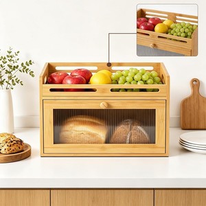 Boîte à pain en bambou avec couvercle rabattable et porte en acrylique, conteneur de rangement pour fruits sur comptoir de cuisine, pour l'organisation des aliments frais - Product Image 5