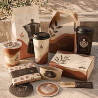 Emballages personnalisés complets pour café : gobelets, couvercles, sacs, boîtes, manchons recyclables pour usage quotidien en café