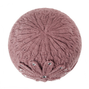 Women's Knitted Hat With Rhinestone Flower Warm Woolen Beanie For Winter 54-56cm Head Circumference Double Layered Crochet - Product Image 3