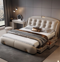 Lit de Luxe Moderne en Cuir Véritable avec Tête de Lit Réglable et Sommier, Grand Lit King Size Élégant avec Rangement Intégré pour Chambre Parentale Haut de Gamme