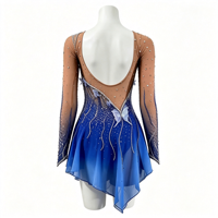 Robe de patinage artistique bleu royal dégradé pour performance scénique, dos ouvert en maille, strass, jupe asymétrique pour filles et enfants