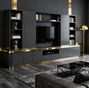 Tùy chỉnh sang trọng sơn mài <span class=keywords><strong>tv</strong></span>-tủ sách tủ với kem-vàng tích hợp cho phòng khách hiện đại sang trọng sống - Product Image 2