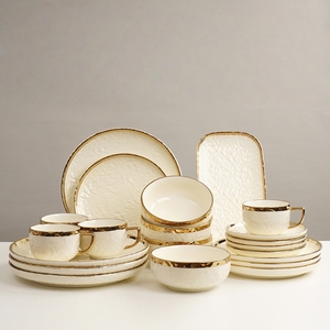 Luxury Wholesale Mid Asian 32Pcs Edge Gold Rimmed Ceramic Dinnerware Tableware Embossed Porcelain <strong>White</strong> <strong>Dinner</strong> Plate Bowl <strong>Sets</strong> - Product Image 1