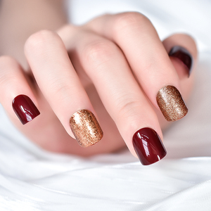 Nuevas <span class=keywords><strong>Uñas</strong></span> postizas, purpurina dorada, venta al por mayor, <span class=keywords><strong>vino</strong></span> <span class=keywords><strong>rojo</strong></span>, cuadrado, longitud corta, prensa acrílica brillante en las <span class=keywords><strong>uñas</strong></span> - Product Image 5