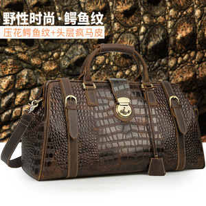 Sac de voyage pour homme en cuir véritable à motif crocodile, grande capacité, sac à bandoulière, marron foncé - Product Image 3