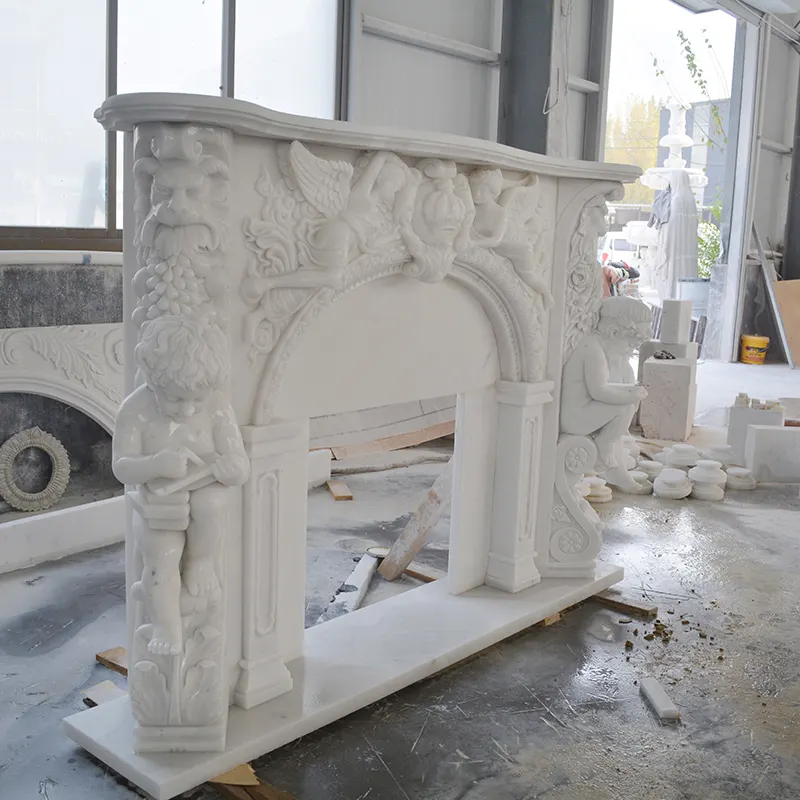 Factory directly supply stone indoor fireplace customized size white marble angel statue fireplace mantel