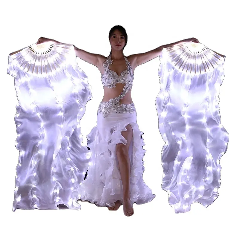 Yeni oryantal dans LED ışıklı Fan renkli ipek yelpaze aydınlık dans Prop beyaz ışık