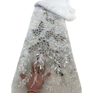 Tela de encaje bordado con lentejuelas de 125CM de ancho con tubos metálicos, cuentas de perlas y película dorada para Material de vestido de moda - Product Image 6