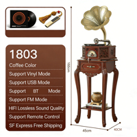 Gramophone vintage avec cornet, tourne-disque vinyle, lecteur BT USB FM, télécommande, couleur café, pour la décoration de la maison et les amateurs de musique