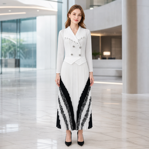 Abito lungo da donna <span class=keywords><strong>stile</strong></span> blazer con doppio petto, patchwork e orlo in pizzo, modello Miyake plissettato, all'ingrosso - Product Image 4