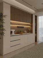 Buffet mural intégré moderne, simple et luxueux, éco-responsable, avec rangement pour salle à manger et cave à vin, en bois massif, garantie 5 ans