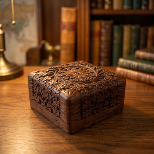 Boîte de rangement artisanale en bois pour bijoux, style folk moderne, avec motif sculpté, forme carrée 4x4 pouces, pour bijoux féminins - Product Image 3