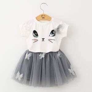 Ensembles de vêtements pour filles de 100-140cm, mode d'été, t-shirts imprimés chaton de dessin animé + jupes en voile, ensemble mignon et décontracté EAZ172 - Product Image 1