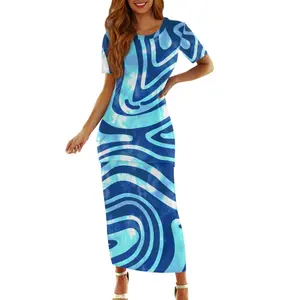 Latest Design Bright Blue Tie Dye Zebra Print Women Two Pieces Stretch Island Puletasi Customized Logo Puletasi New Designs OEM