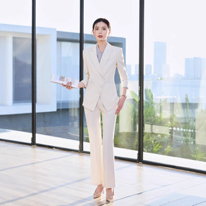 Women's Suit <b>Set</b> Cream Color Full Sleeve Anti-Wrinkle <b>Office</b> Lady Formal Wear Short Skirt Polyester Fabric - Product Image 3