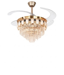 Ventilateur de plafond LED élégant en cristal doré avec pales rétractables, télécommande, lumière silencieuse, style lustre pour la décoration intérieure - Product Image 1