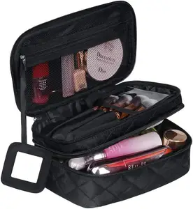 Sac cosmétique matelassé multifonctionnel de trousse de maquillage de double couche de nylon de mode avec le compartiment de brosse