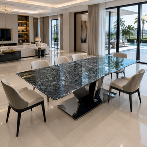 Table à manger personnalisée, plateau rectangulaire, style moderne, villa, 6 à 8 places, pieds en métal, meubles en pierre, luxe, granit bleu émeraude - Product Image 1