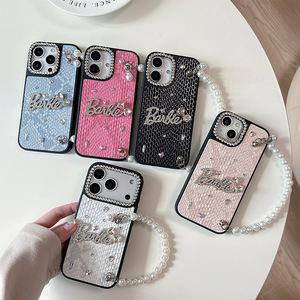 Custodia per telefono in PU con fiocco di strass, catena di perle e laccetto, design di lusso con motivo pelle di serpente per <span class=keywords><strong>iPhone</strong></span> 17 Pro Max, 17, 16, 15, 14 - Product Image 1