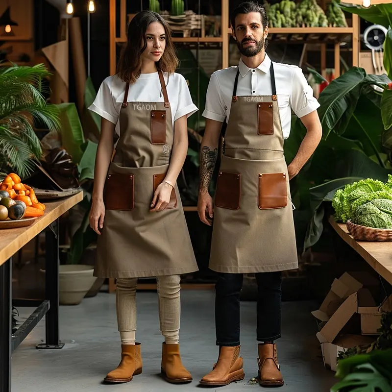 Delantal de trabajo personalizado con logotipo de calidad para mujer, delantales de algodón para panadería, café y cocina, para restaurantes