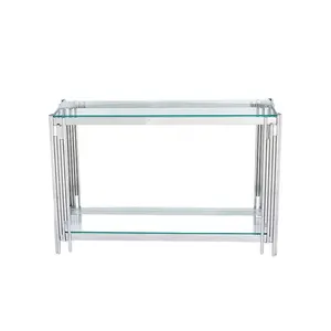 European Luxury Modern Crystal Coffee Table Living Room Office Stainless Steel Frame Clear Tempered Glass Console Table