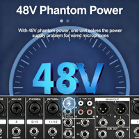 Mezclador de Audio Profesional con 6 Entradas de Micrófono, Efectos DSP de 24 Bits, Bluetooth, MP3, Grabación USB