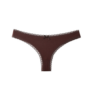 Culotte string côtelée marron en coton uni pour femme, douce, respirante, avec dentelle, taille basse, grandes tailles, vente en gros - Product Image 1