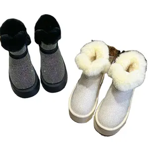 Moda feminina Cristal Rhinestone Casual Tornozelo Plano Inverno Quente Faux Shearling Fur neve botas sapatos camurça ug gs botas de neve mulheres