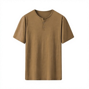 เสื้อยืดแขนสั้นผู้ชายสีพื้น ทรงปกติ สไตล์ลำลอง คอโอ ดีไซน์ถัก สีน้ำตาล - Product Image 1