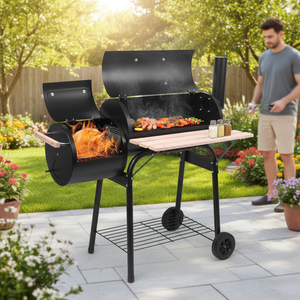 Parrilla Ahumadora de <span class=keywords><strong>Carbón</strong></span> Offset de Alta Resistencia con Caja de Fuego Lateral, Parrilla Ahumadora Portátil para Exteriores con <span class=keywords><strong>Ruedas</strong></span> y Termómetro - Product Image 1