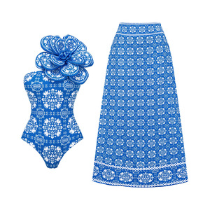 ชุดบิกินี่เอวสูงสำหรับผู้หญิงชุดว่ายน้ำเปิดไหล่ข้างเดียวพิมพ์ลายสีฟ้าชุดชายหาดสองชิ้นสำหรับอาบน้ำดีไซน์ใหม่ - Product Image 5