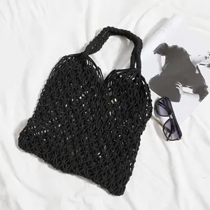 Bolso de playa estilo Ins para mujer, bolso tejido de malla hueca de verano, bolso de paja, cuerda de algodón hecha a mano para vacaciones, bolsos de malla grande