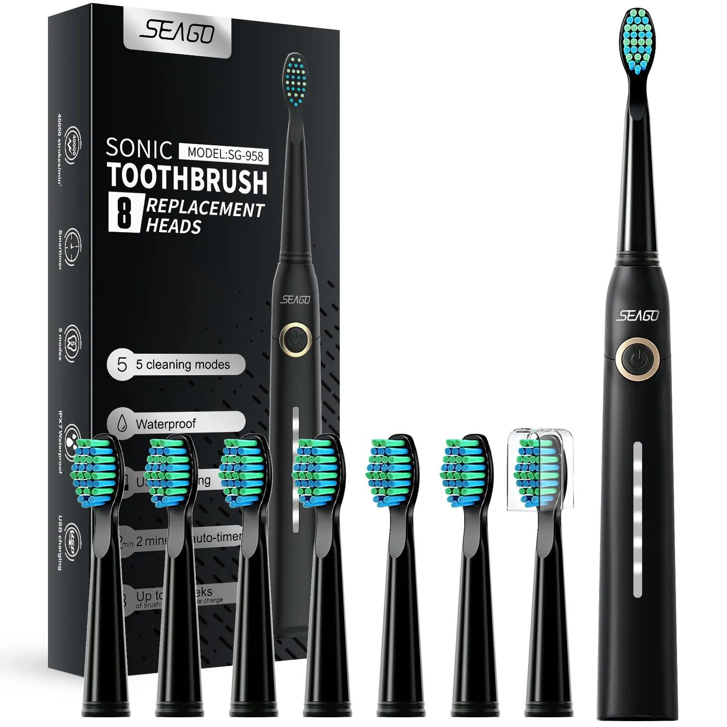 Seago — tête de brosse à dents électrique Rechargeable, SG958, 8 têtes de brosse 40000 VPM, 5 Modes, produit populaire