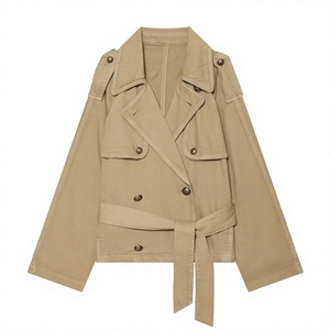 Chaqueta corta tipo trench para mujer, color caqui, doble botonadura, solapa con muescas, cinturón, epaulettes, bolsillos de parche, estilo utilitario - Product Image 4