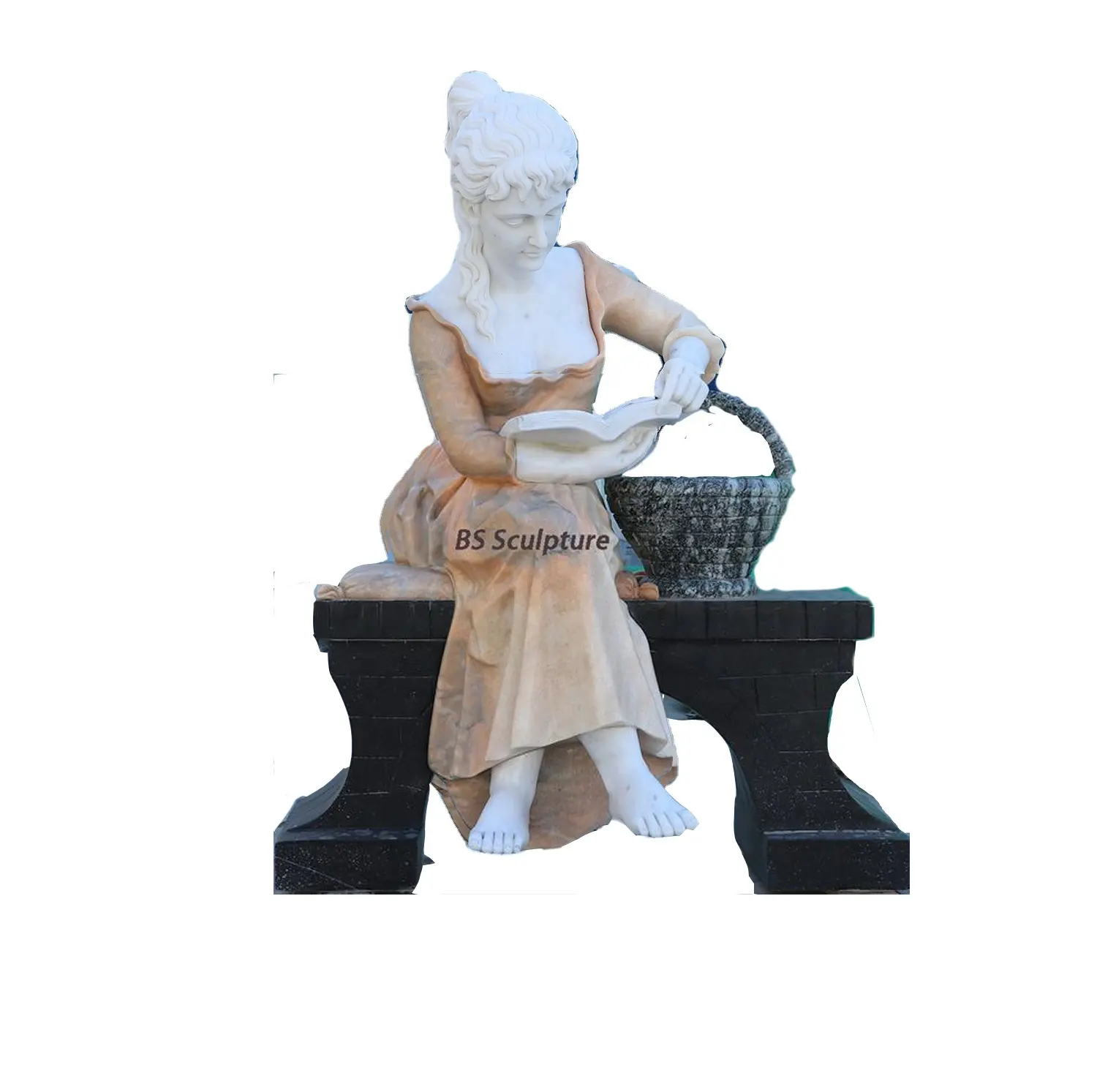 beautiful hand carvedstone reading girl on bench garden staute with basket sculpture