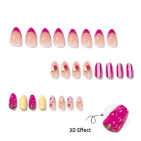 Zomerse 3D aardbeien opzetnagels, amandelvorm, Franse tip met fruit-, bloemen- en streepdesigns voor vrouwen