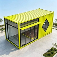 Maison conteneur extensible vert citron, cabine en acier avec façade vitrée et fenêtre diamant pour bureau moderne, café ou espace lounge