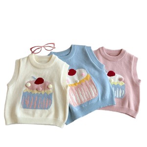 Girls Knitted Vest Cartoon Cupcake Design Cotton Sweater Sleeveless For Children Autumn Wear Pink Off White Blue - Product Image 1