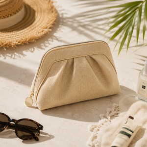 Élégante Trousse de Maquillage Plissée en Polyester Effet Lin Pailleté Champagne avec Fermeture Éclair Dorée Personnalisable pour Voyage et Rangement de Produits de Beauté - Product Image 6