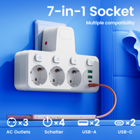 Enchufe de Extensión ODM EU 7 en 1 con 3 Tomas Schuko, 2 USB-A, 2 USB-C, Interruptor Independiente y Protección Contra Sobrecarga para Uso en Hogar y Oficina