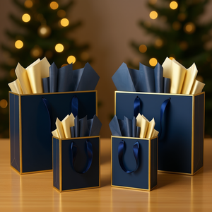 Bolsas de Regalo Azul Marino Dorado Metálico con Asas y Cierre de Cordón para Empaque Navideño Estilo Papel Kraft - Product Image 2
