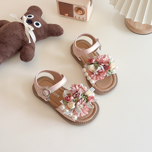 Nouvelles sandales d'été à fleurs et à lacets pour filles, sandales ouvertes à bout ouvert, chaussures de plage décontractées pour filles - Product Image 5