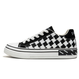 Zapatos casuales a cuadros Zapatos de tabla Cordones deportivos Moda pista de carreras de uso general Cordones planos a cuadros en blanco y negro - Product Image 1