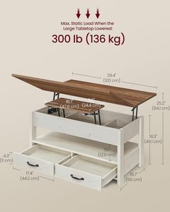 <span class=keywords><strong>Table</strong></span> basse relevable <span class=keywords><strong>VASAGLE</strong></span> 3-en-1 avec rangement, vérin à gaz, 2 tiroirs, 3 compartiments cachés, étagère ouverte, en bois - Product Image 2