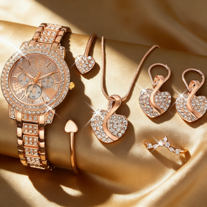 Nouvel ensemble de <span class=keywords><strong>5</strong></span> pièces LP32 en or rose entièrement serti de diamants, <span class=keywords><strong>montre</strong></span> à quartz élégante et décontractée, boucles d'oreilles, collier, bracelets, montres pour femmes - Product Image 1