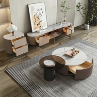 Table Basse Ronde de Luxe de Style Italien Moderne avec Meuble-Bar Intégré, Ensemble Métallique Familial pour Canapé de Salon