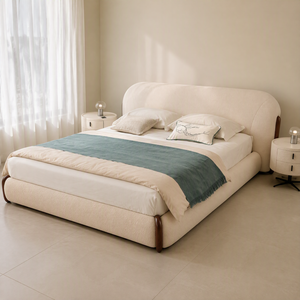 Cadre de lit rembourré en bouclette blanche avec tables de chevet, lit plateforme moderne en tissu doux, ensemble de <span class=keywords><strong>chambre</strong></span> à coucher pour la maison et l'hôtel - Product Image 1