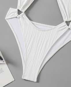 Traje de Baño Enterizo para Mujer, Diseño Sólido, Estilo Bandeau Brasileño, Lazos en el Cuello y la Espalda, Detalle Texturizado, Anillos Decorativos - Product Image 4